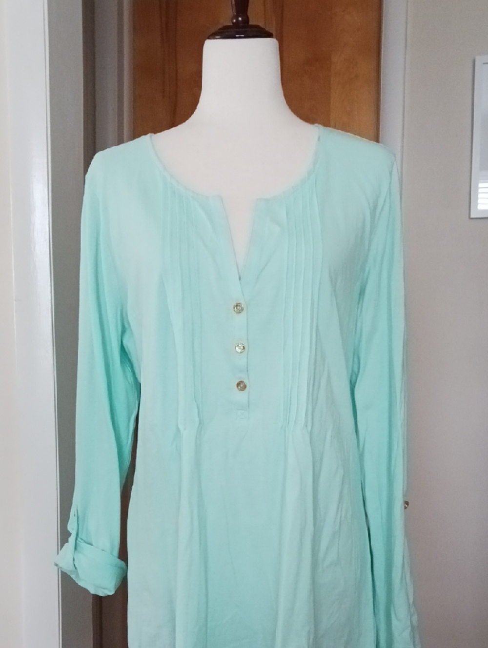 Lilly Pulitzer Tunic Top Knit Adjustable Sleeve Long Vneck Pleated Mint Green XL